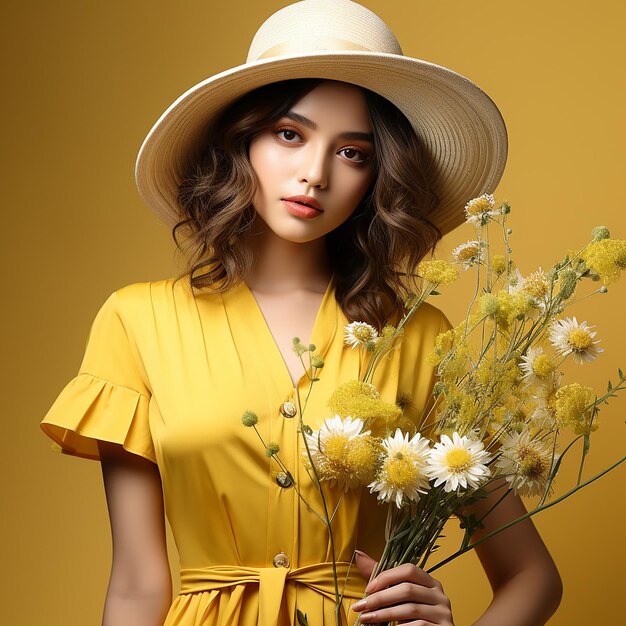 linda mulher atraente e elegante com vestido amarelo e chapéu de palha segurando flor margarida clima romântico