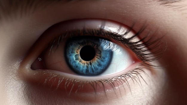 Linda mulher azul, olho único, IA generativa, macro perfeita de olhos azuis