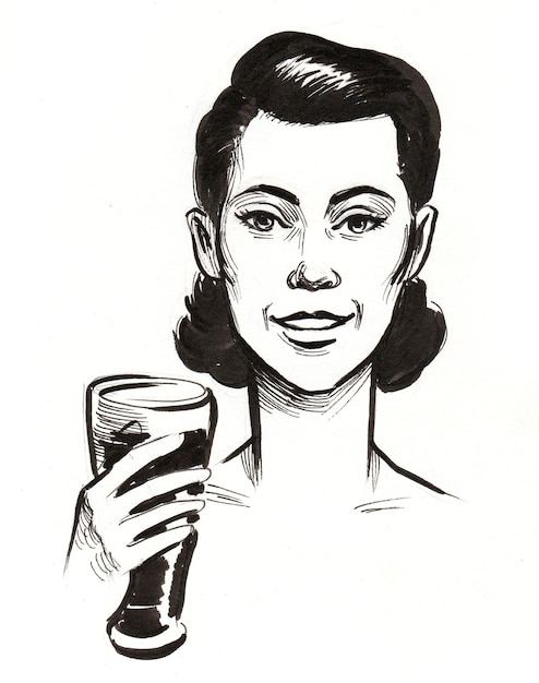 Linda mulher bebendo um copo de cerveja. desenho de tinta preto e branco