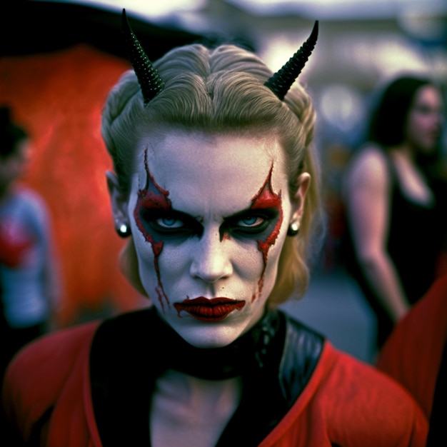 Linda mulher bonita com maquiagem de cosplay do diabo 3d ilustrada