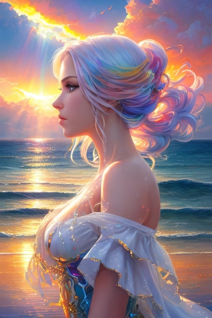 linda mulher branca arcoiris cabelo rosto perfeito olhos perfeitos Renderização Raytraced por do sol