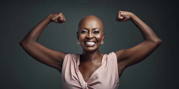 Linda mulher careca lutando contra o câncer de mama mulher poderosa e aperta os braços como uma sobrevivente