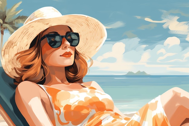Linda mulher caucasiana de óculos e um chapéu relaxando na praia em um dia ensolarado de verão Ilustração de férias à beira-mar viagens lazer