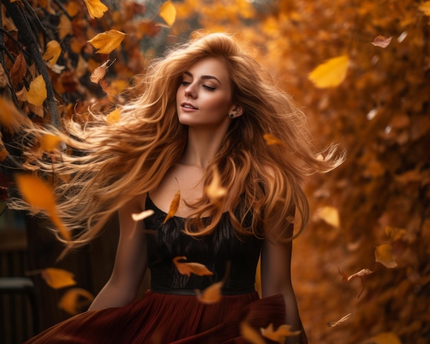 linda mulher com cabelo ruivo em folhas de outono