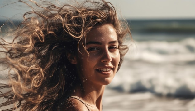 Linda mulher com cabelos esvoaçantes na praia