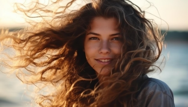 Linda mulher com cabelos esvoaçantes na praia