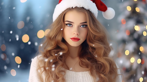 linda mulher com chapéu de Papai Noel posando em fundo festivo criado com tecnologia Generative Al