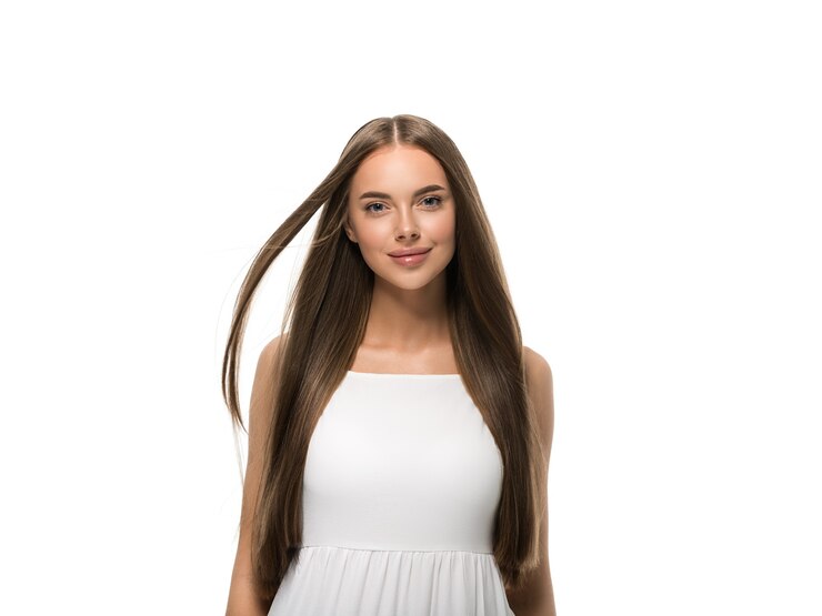 Foto linda mulher com lindos cabelos longos e lisos em vestido branco sobre fundo colorido