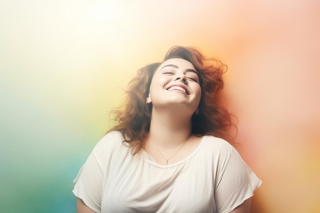 Foto linda mulher com sobrepeso em pé sorrindo na frente de um fundo pastel