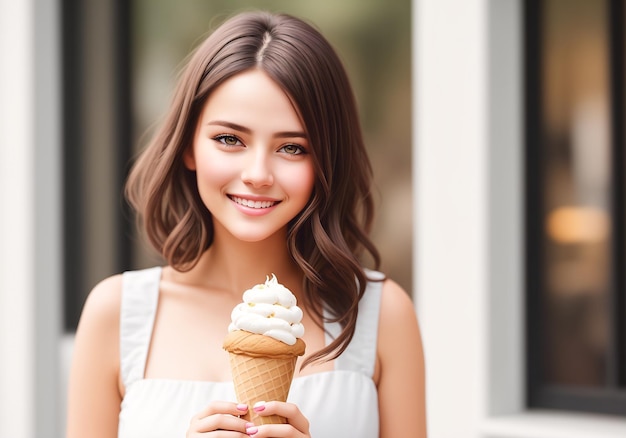 Linda mulher com uma casquinha de sorvete em um dia ensolarado de verão Generative AI