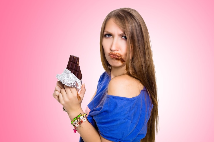 Foto linda mulher comendo chocolate com as duas mãos com um pouco na boca