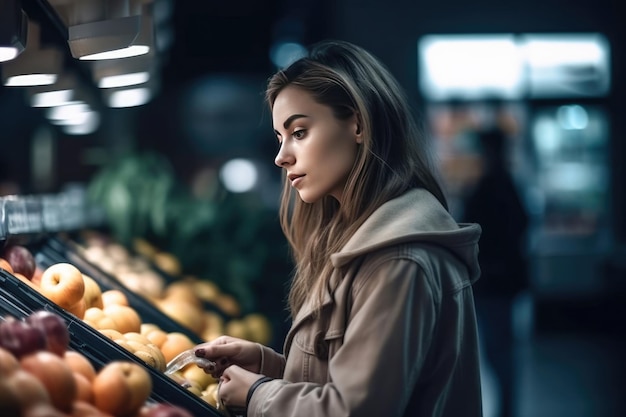 Linda mulher comprando comida em uma loja de frutas