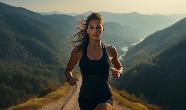 Linda mulher correndo trilha de treino ao ar livre em vista da montanha vivendo um estilo de vida saudável