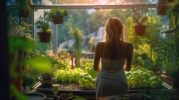 Linda mulher cultiva seus próprios vegetais orgânicos frescos em um pequeno jardim generativo ai
