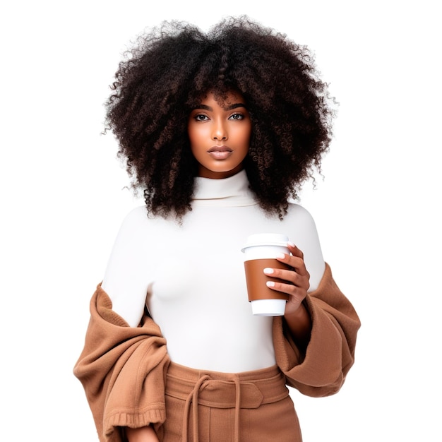 linda mulher de cabelo afro segurando a xícara de café