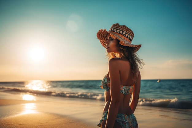 Foto linda mulher de chapéu e maiô na praia ao pôr do sol generative ai