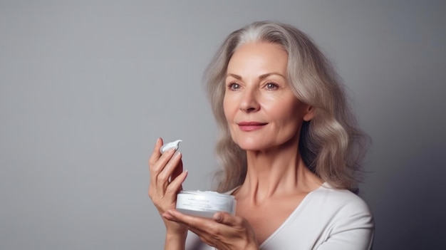 Linda mulher de meia-idade aplicando creme facial nutritivo e hidratante Generative AI Mulher velha madura posando contra cinza