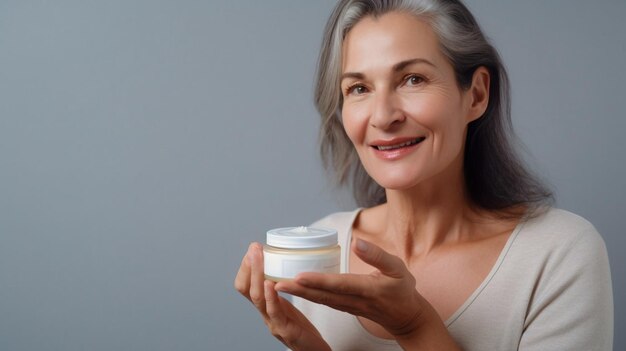 Linda mulher de meia-idade aplicando creme facial nutritivo e hidratante Generative AI Mulher velha madura posando contra cinza