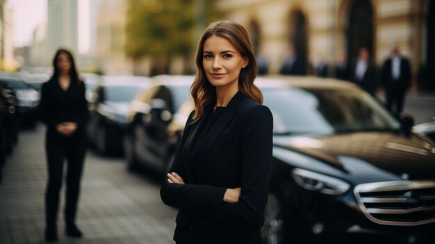 Linda mulher de negócios em uma rua da cidade moderna Elegância sucesso Foto de alta qualidade