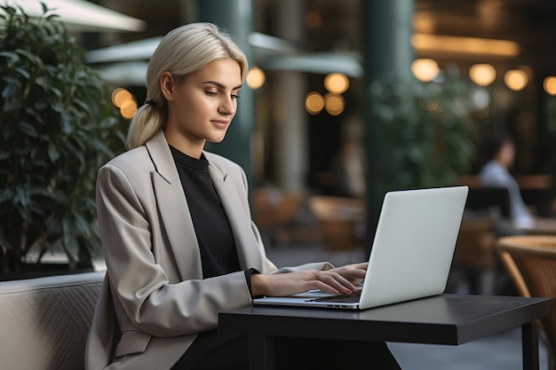Linda mulher de negócios loira usando laptop sentado ao ar livre no café