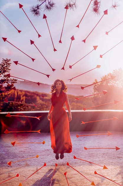 Linda mulher de vestido vermelho com flechas