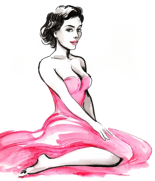 Linda mulher de vestido vermelho. Desenho a tinta e aguarela