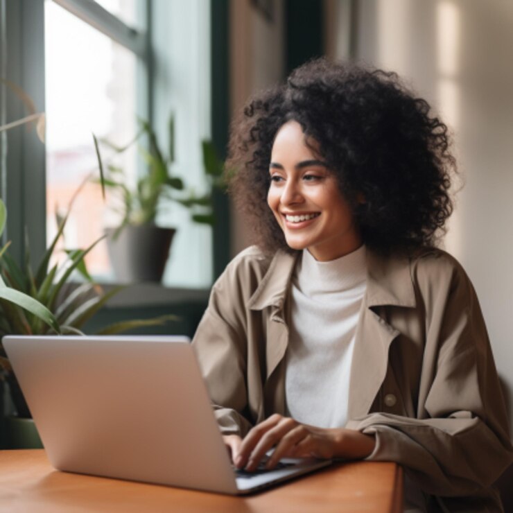 Foto linda mulher étnica sorridente trabalha remotamente no laptop de casa
