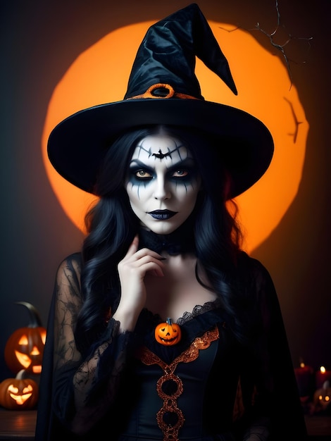 Linda mulher fantasiada de bruxa com maquiagem de Halloween, abóboras de vela de Halloween e morcegos