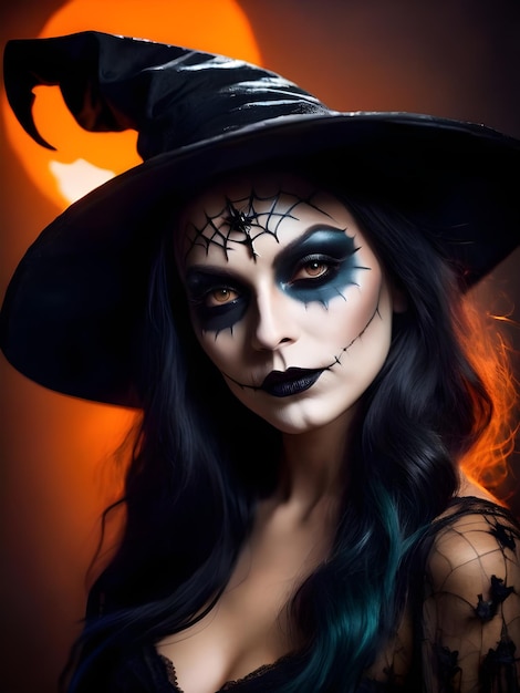 Linda mulher fantasiada de bruxa com maquiagem de Halloween, abóboras de vela de Halloween e morcegos