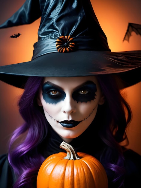 Linda mulher fantasiada de bruxa com maquiagem de Halloween, abóboras de vela de Halloween e morcegos