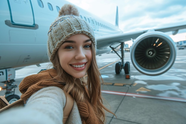 Linda mulher feliz tirando uma selfie no aeroporto em frente ao avião Conceito de férias