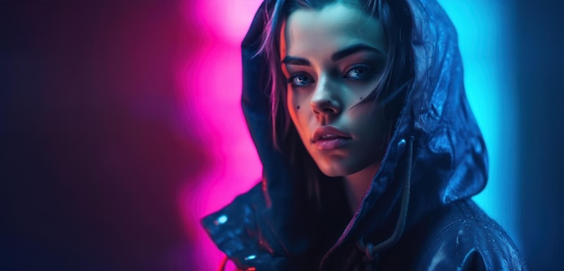 Linda mulher futurista iluminada com luz de estúdio azul e rosa Estilo de retrato Cyberpunk Generative ai