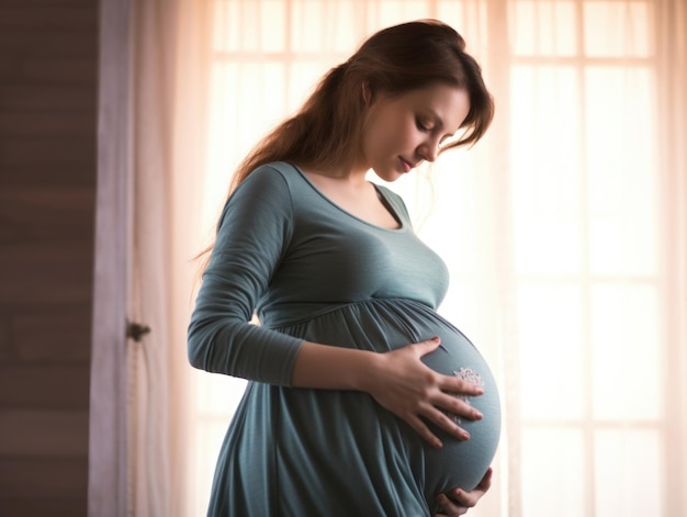 Linda mulher grávida abraçando a barriga em casa