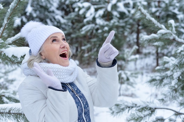 Linda mulher idosa posando ao ar livre no inverno