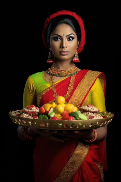 Linda mulher indiana em trajes tradicionais, oferecendo um prato de frutas frescas