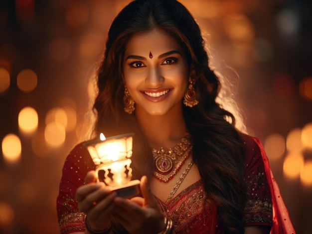 Linda mulher indiana em vestido tradicional, segurando a lâmpada diwali