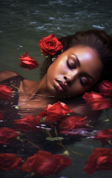 Linda mulher inter-racial flutuando em um mar de rosas vermelhas Foto de moda e estilo comercial