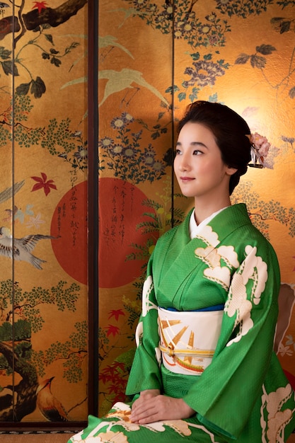 Foto linda mulher japonesa em um quimono verde