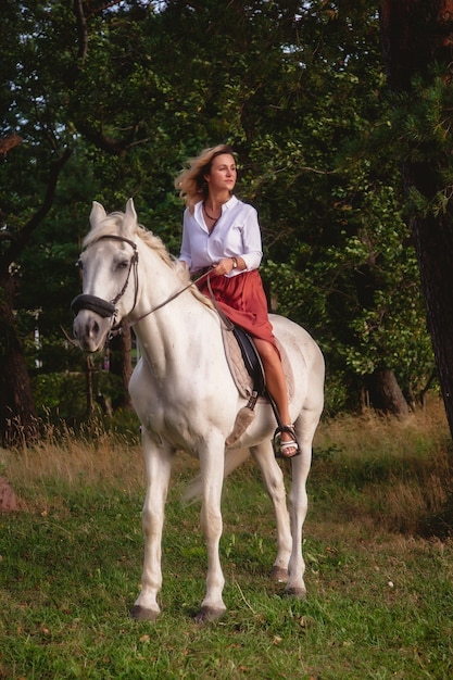 Linda mulher jovem feliz a cavalo num parque de verão. Fêmea de cavaleiro dirige seu cavalo no parque na natureza, à noite, luz do sol de fundo. Conceito de passeios ao ar livre, esportes e recreação. Copie o espaço