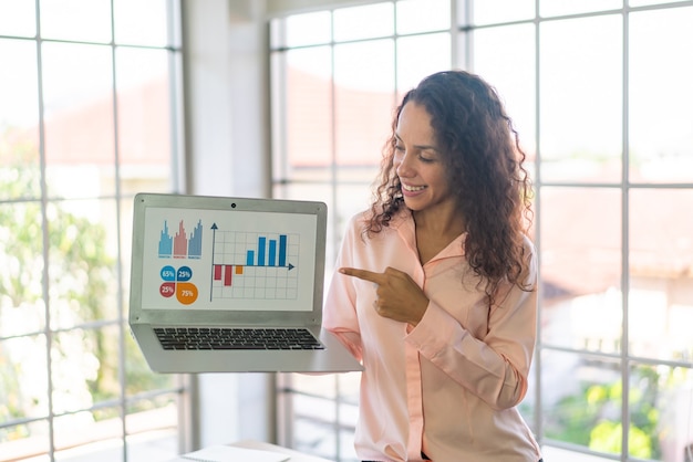 Linda mulher latina mostrando laptop com gráfico de negócios na tela