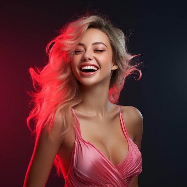 linda mulher loira com vestido rosa rindo e sorrindo