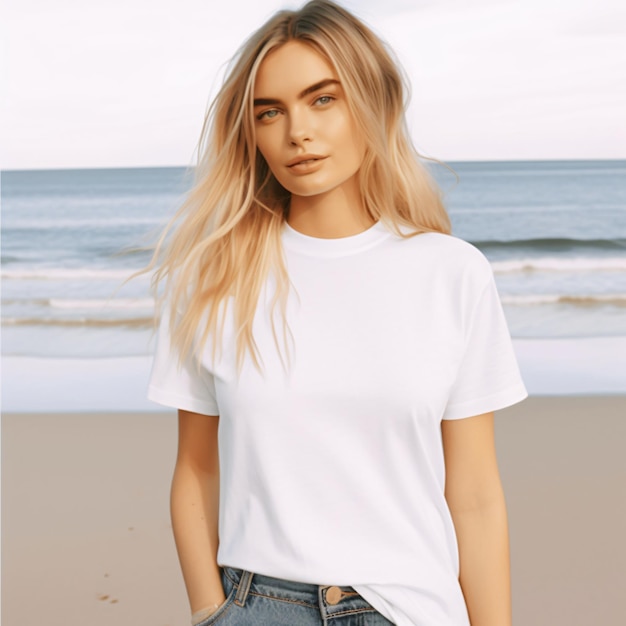 Linda mulher loira na praia vestindo uma camiseta branca em branco mockup surfista boho girl tee branca