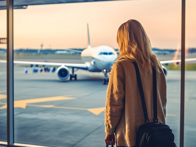 Linda mulher loira olhando para o avião através da janela do aeroporto Stock Image com Generative AI