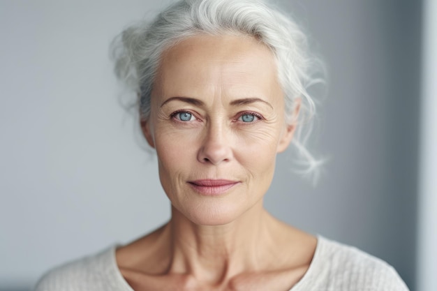 Linda mulher madura de meia idade olhando para a câmera isolada no branco Retrato de uma senhora idosa madura Generative AI