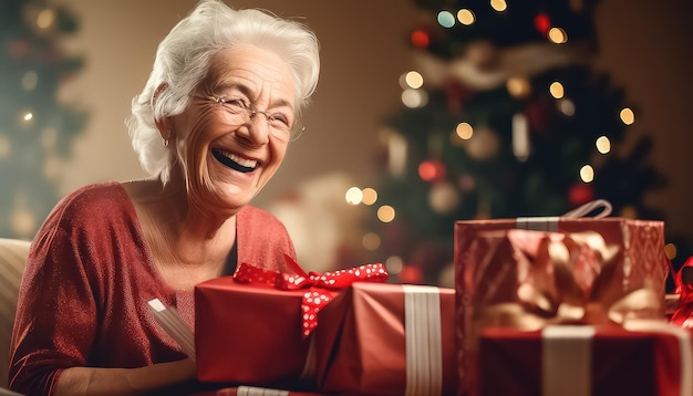 Linda mulher madura feliz dando e recebendo presentes de Natal