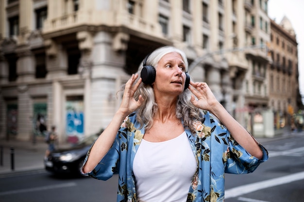 Foto linda mulher madura passando um tempo na cidade