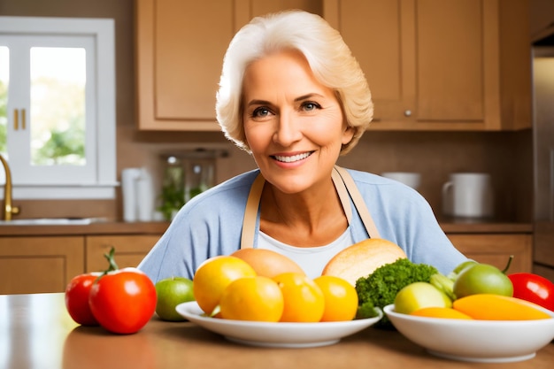 Linda mulher madura sênior preparando comida saudável e deliciosa na cozinha