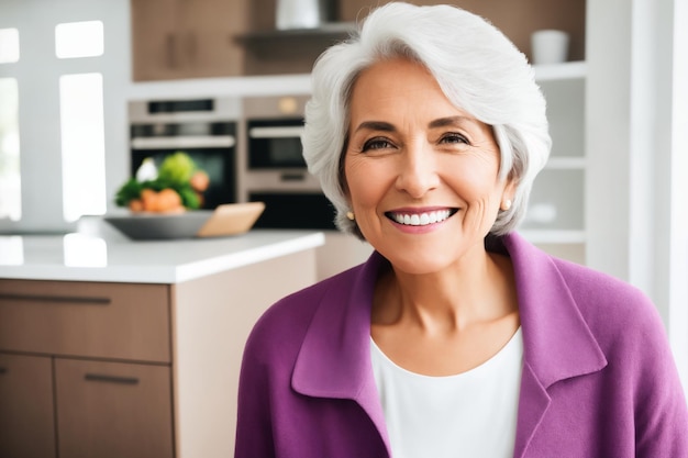 Linda mulher madura sênior preparando comida saudável e deliciosa na cozinha