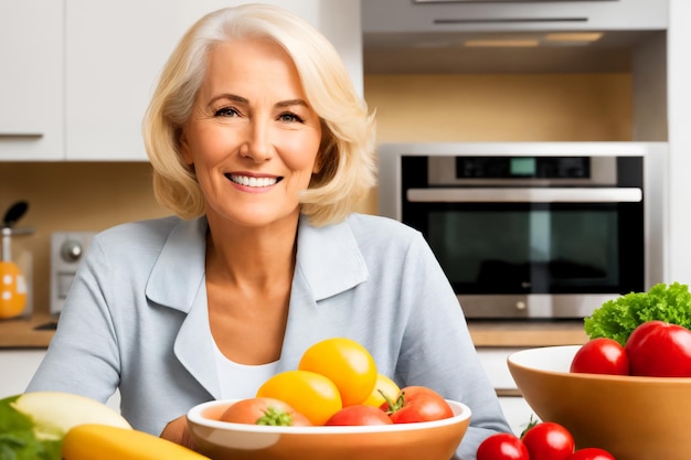 Linda mulher madura sênior preparando comida saudável e deliciosa na cozinha