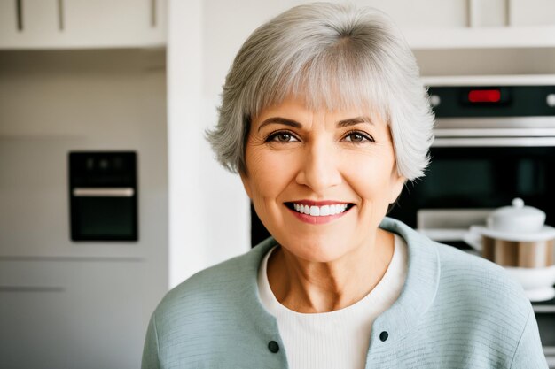 Linda mulher madura sênior preparando comida saudável e deliciosa na cozinha